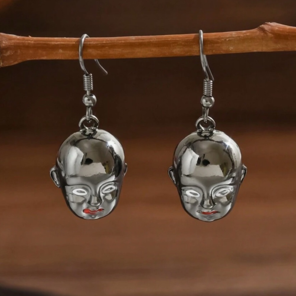 Gunmetal Doll Face Drop Earrings - Picture 3 of 7
